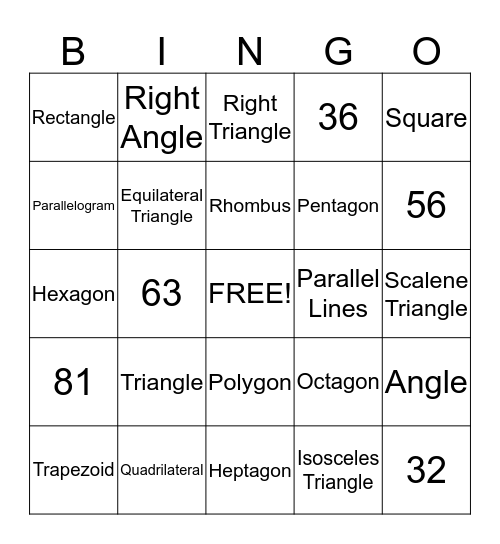 Mrs. Watson's Geometry Bingo Card