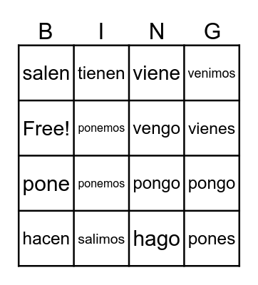 IRREGULAR FIRST-PERSON SINGULAR" "GO" VERBS Bingo Card