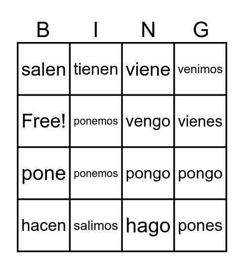 IRREGULAR FIRST-PERSON SINGULAR" "GO" VERBS Bingo Card