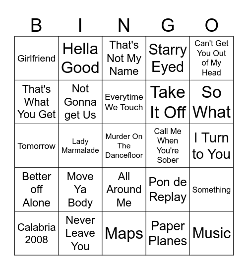 Rock/Dance Bingo Card