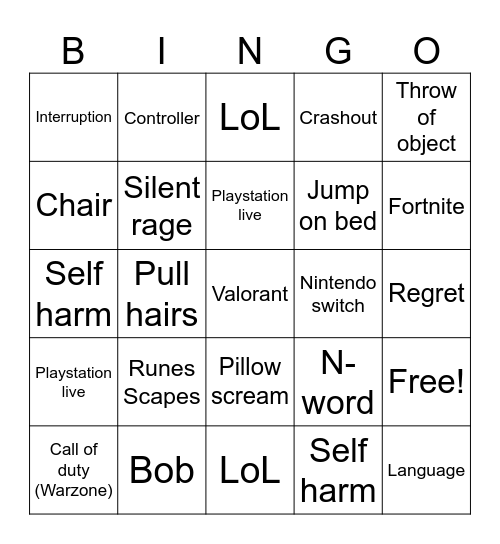 Gamer rage Bingo Card