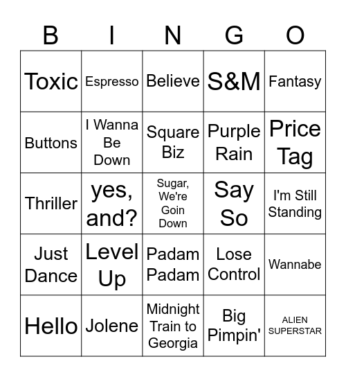 Pop Icons Music Bingo #3 Bingo Card