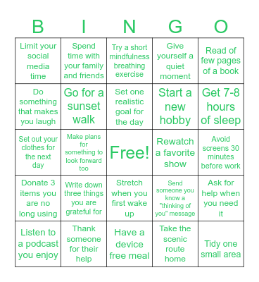Mental Health Awareness Month Bingo Card