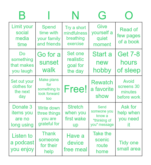 Mental Health Awareness Month Bingo Card