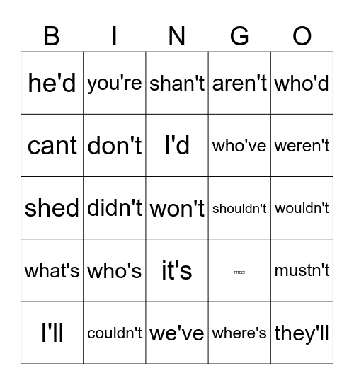 apostrophe contraction words Bingo Card