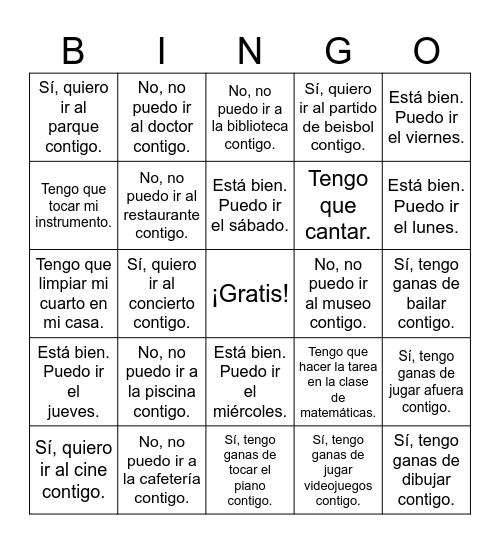 Poder, Querer, Tener ganas de, Tener que Bingo Card