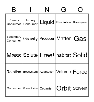 5th Grade Science Bingo Card
