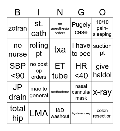 PACU BINGOJP drain Bingo Card