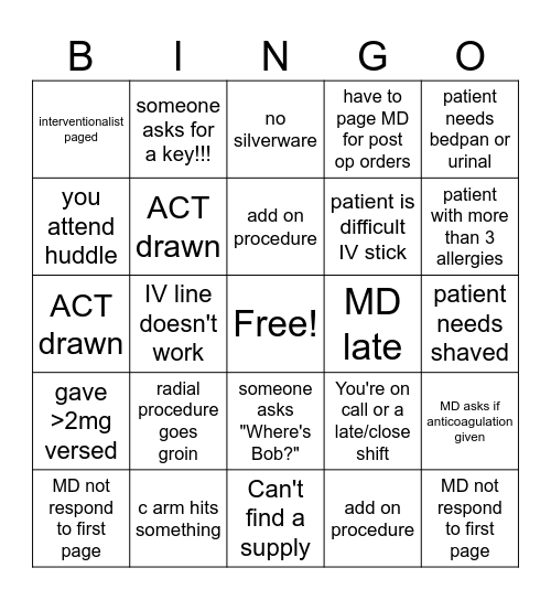 cath lab bingo Card