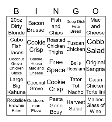 Entree Bingo Card