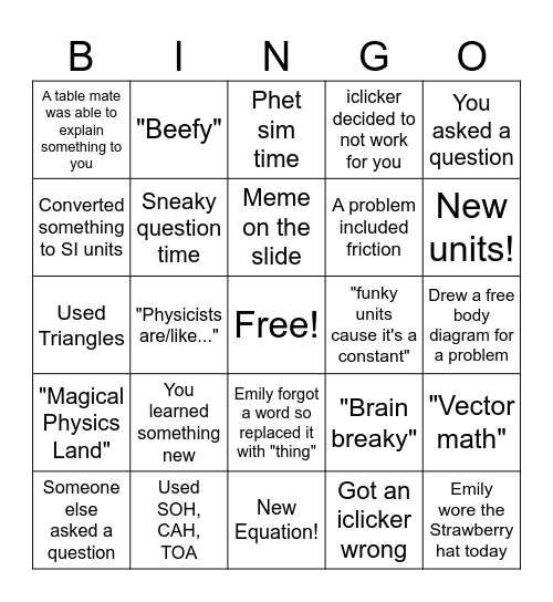 Emily's Physics Bingo Card