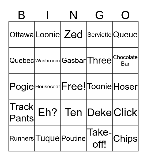 Canadian Bingo Card