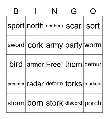 R - controlled vowel Bingo Card