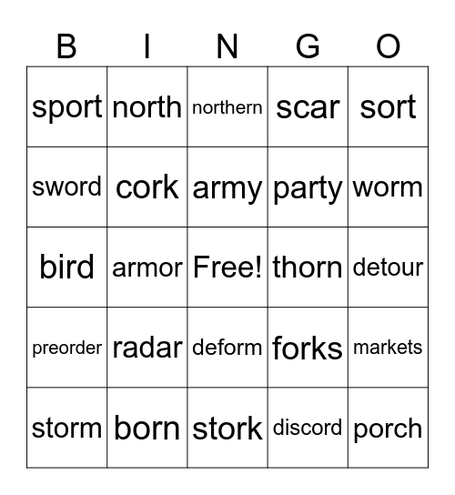 R - controlled vowel Bingo Card