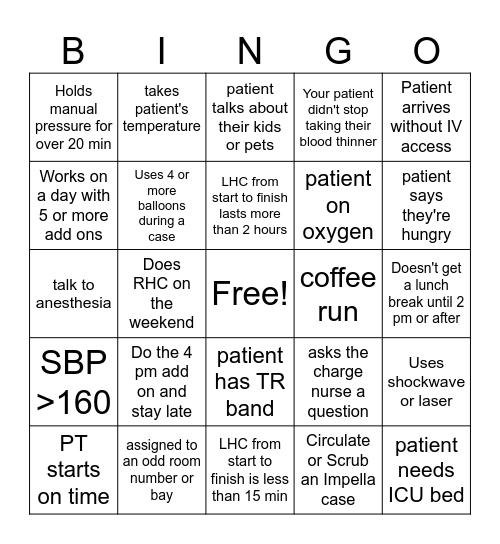 Cath Lab BINGO Card