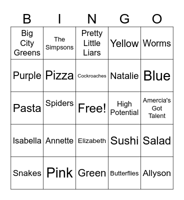 Sophie's 13th Birthday Bingo Card