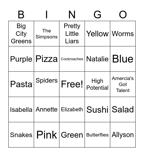 Sophie's 13th Birthday Bingo Card