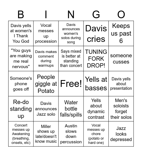 Spring Dress Rehearsal Bingo Card