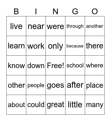 Super Word Bingo Card