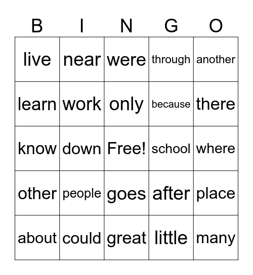 Super Word Bingo Card