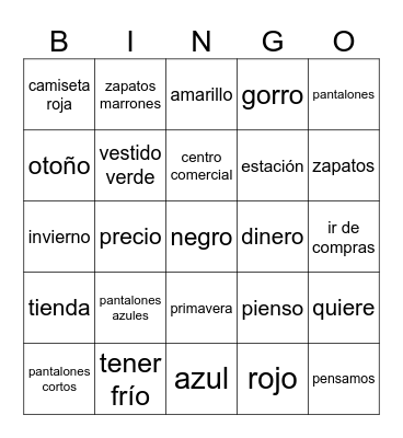 Shopping for Clothes Bingo Card
