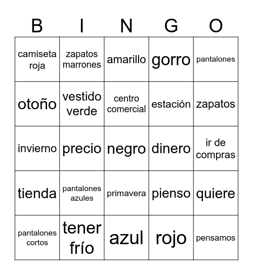 Shopping for Clothes Bingo Card
