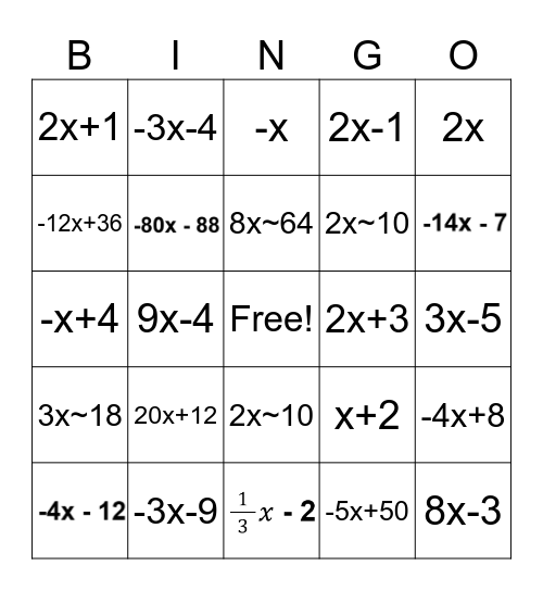 Distribute and Combine Like Terms Bingo Card
