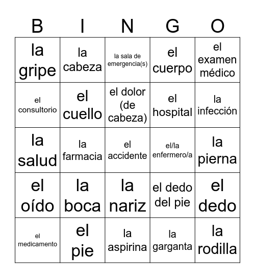 Sp 2 - El cuerpo y la salud Bingo Card