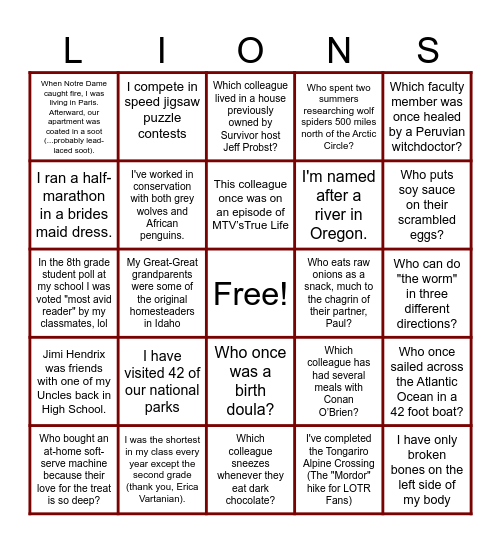 Employee Trivia Bingo Card