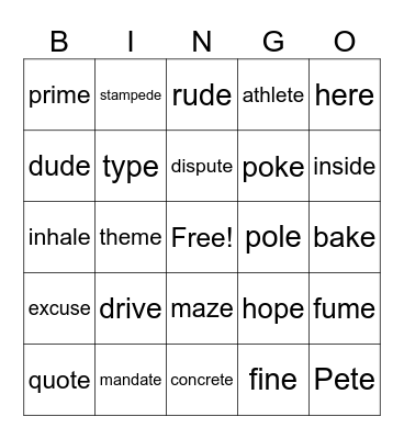 Magic E Words Bingo Card