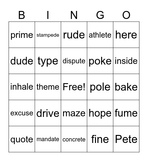 Magic E Words Bingo Card