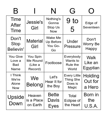 Crazy for the 80's Bingo Card