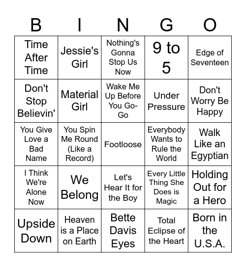 Crazy for the 80's Bingo Card