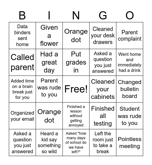 First Grade Bingo Card