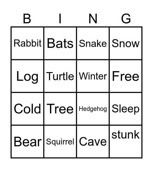 Sleeping Winter Animals Bingo Card