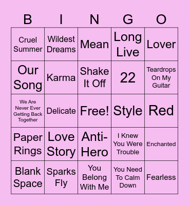 Bridal Bingo - Taylor Swift Edition Bingo Card