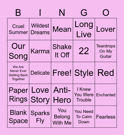 Bridal Bingo - Taylor Swift Edition Bingo Card