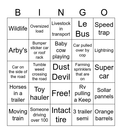 Road Trip Bingo Card