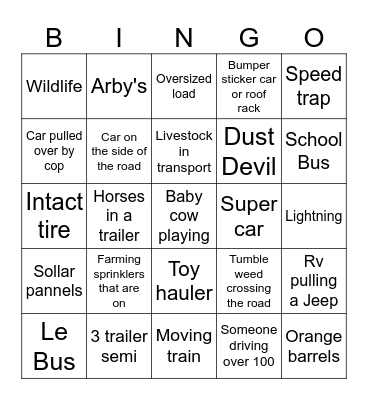 Road Trip Bingo Card
