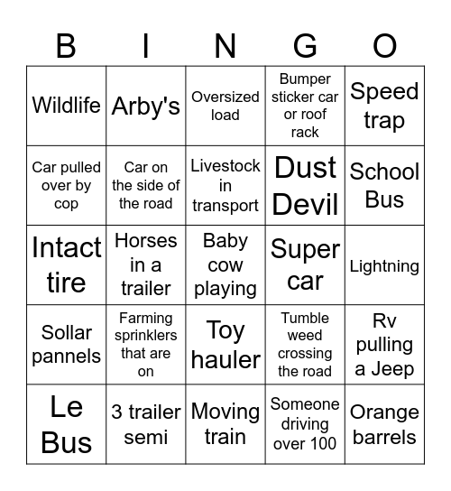 Road Trip Bingo Card