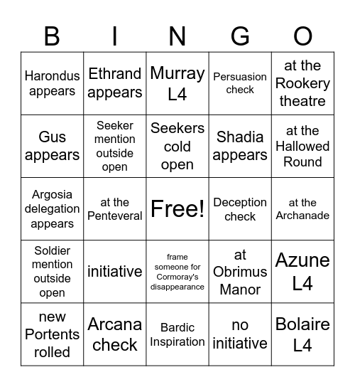 Keep a Tab Running [Critical Role 4.24] Bingo Card