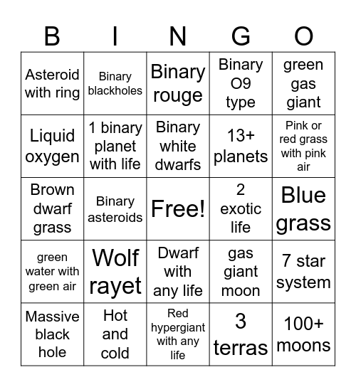 Space engine Bingo Card