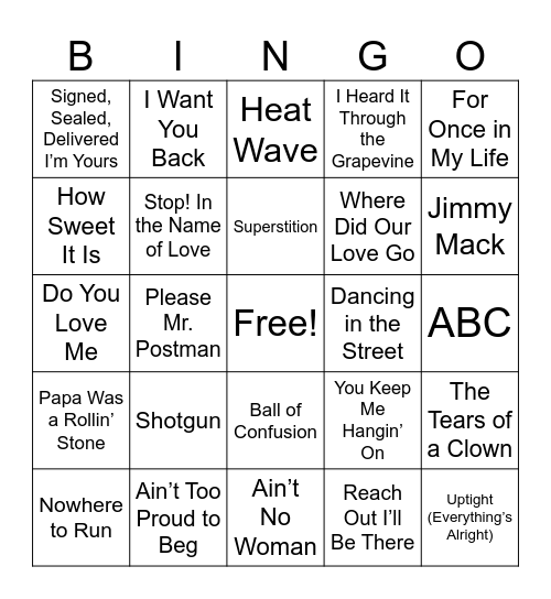 Motown Bingo Magic Bingo Card
