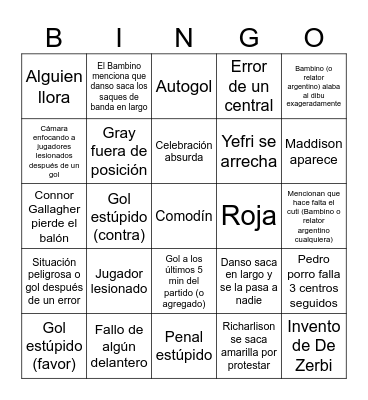 Tottenham Bingo Card