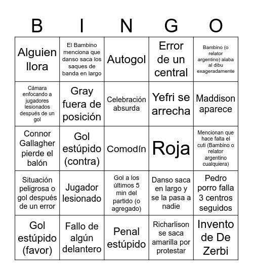 Tottenham Bingo Card