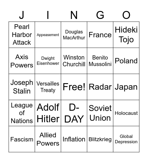 World War II Part I Jinjo Bingo Card