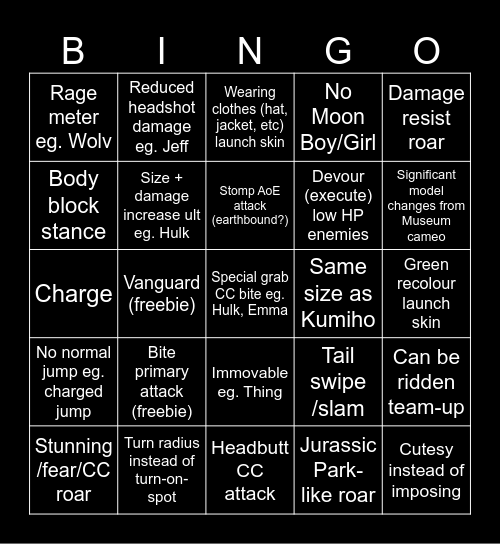 Marvel Rivals: Devil Dino Predictions Bingo Card