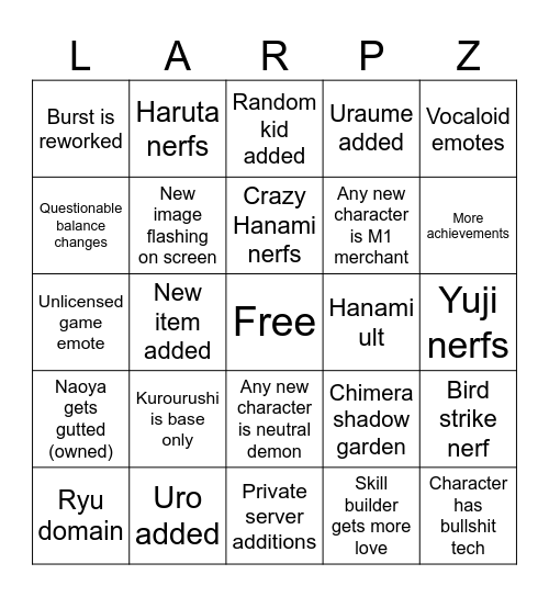 JJS update Bingo Card