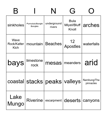 Landscapes and Landforms Bingo Card