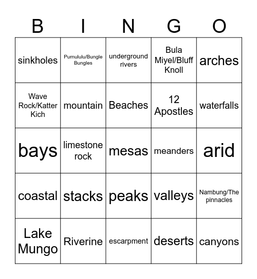 Landscapes and Landforms Bingo Card